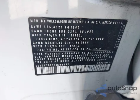 2023 Volkswagen Taos 1.5T S z USA, uszkodzony, nr VIN 3VVCX7B21PM369992